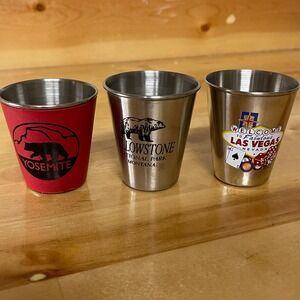 Lot of 3 Shot Glasses Yosemite Yellowstone Las Vegas Stainless Steel Souvenir